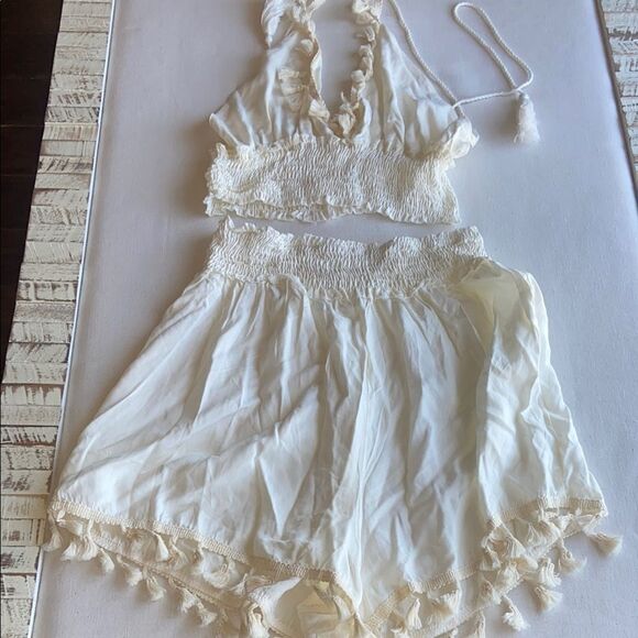 Cream festival boho chic 2 piece Set with tassels ladies small - Picture 1 of 7